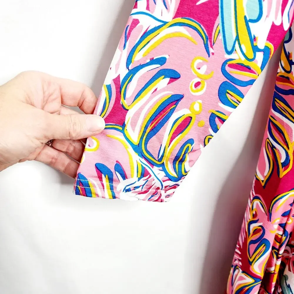 Women's Medium Pink Tropical Print Tunic Top 3/4 Sleeve Resort Wear Bold Print - Picture 8 of 13